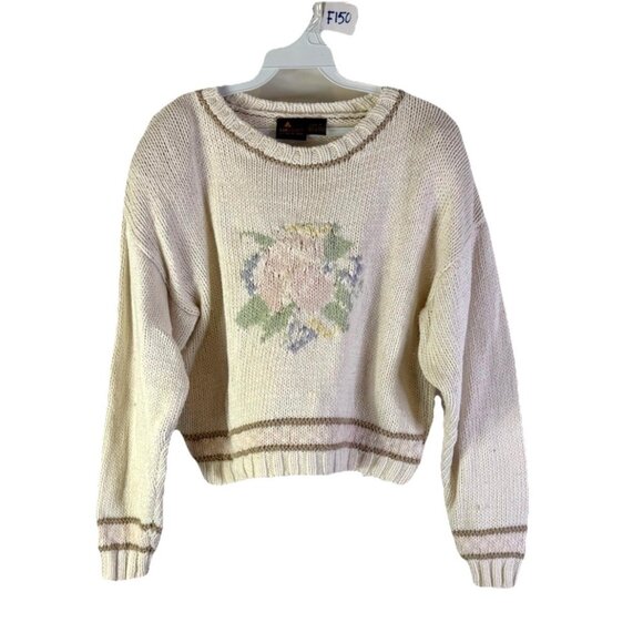 Vintage Sweaters - Vintage 90s Cottagecore Baby Sweater Floral Knit Cropped